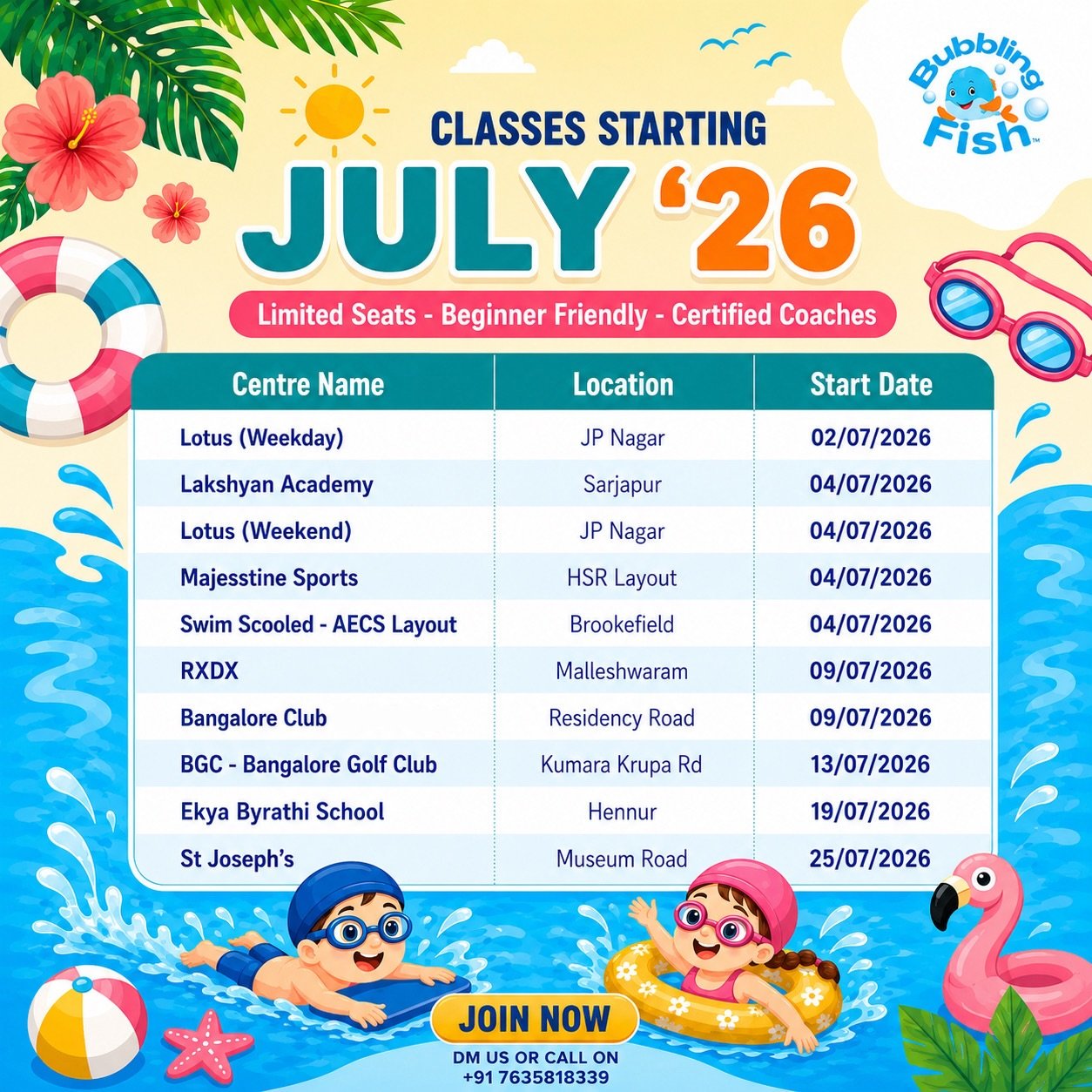 🏊‍♂️ JULY SWIMMING BATCHES ARE HERE! 💙

The best time to start swimming isn’t “later”... it’s now. 🌊

Whether your child is a complete beginner or ready to build confidence in the water, we have a batch near you across Bangalore.

✨ Beginner-friendly
🏅 Certified coaches
📍 Multiple locations
⚠️ Limited seats in every batch

📩 DM us to book a trial before your preferred batch fills up!

#BubblingFish #SwimmingClasses #KidsSwimming #SwimmingLessons #BangaloreKids BangaloreParents LearnToSwim WaterSafety SummerActivities JPNagar HSRLayout Sarjapur Brookefield Hennur Malleshwaram Bangal