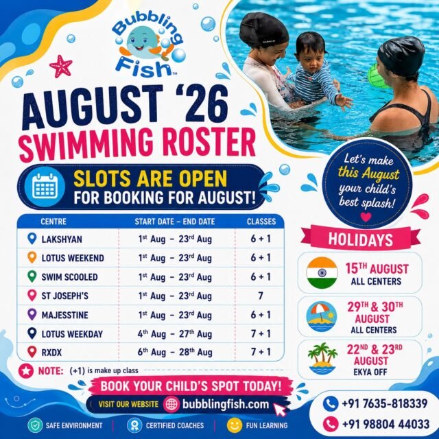 August Swim Batches are now open! 🌊💙
Give your child the gift of confidence and water safety with our fun, age-appropriate swim programs.
📍Limited seats available across centres.
💻 Book your slot now at www.bubblingfish.com and explore our newly revamped website!
#BubblingFish #SwimmingClasses #KidsSwimming #BangaloreParents #BookNow