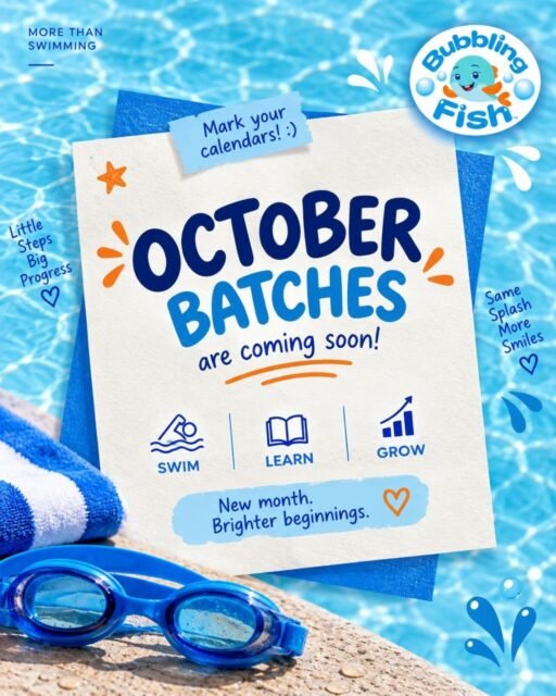 October Batches Are Almost Here! 🌊💙

A new month means new opportunities to learn, grow, and build confidence in the water.

Whether it's your child's first splash or the next step in their swimming journey, our October batches are designed to make learning safe, fun, and meaningful. From water confidence and safety skills to smiles and milestones, every session is more than just swimming.

Get ready for another month of little steps, big progress. 🐠✨

📩 Stay tuned for batch details and enrollment updates. DM us to learn more.

#TheBubblingFish #OctoberBatches #KidsSwimming #MoreThanJustSwimming

[ infant swim lessons, toddler swimming, water confidence, water safety, kids activities Bangalore, swimming classes, child development, learn to swim, swim school Bangalore, early childhood learning ]