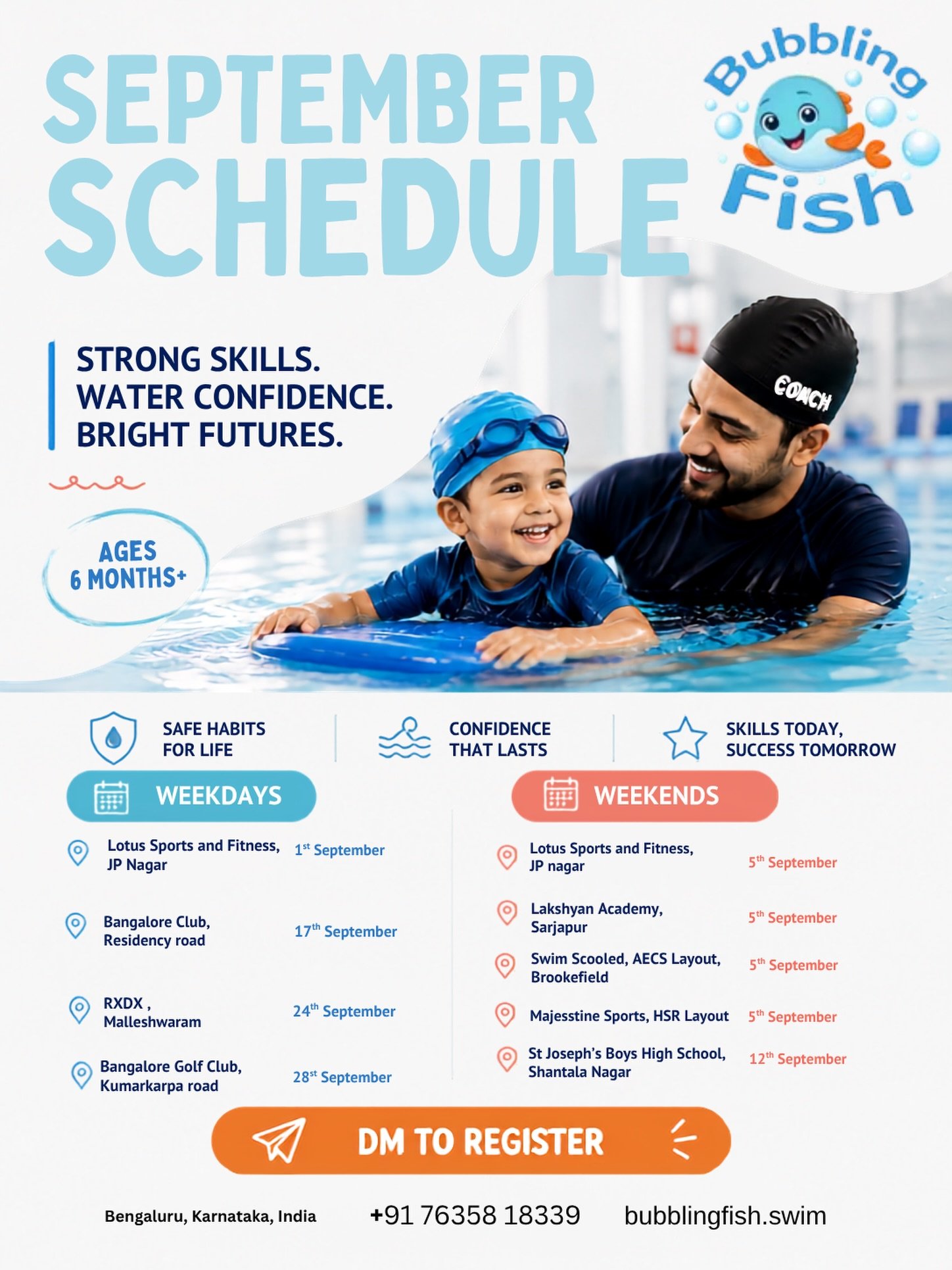 September Swim Admissions Are Now Open! 🌊

Give your child the gift of water confidence, safety, and lifelong swimming skills with our play-based infant and toddler swim programme. Enrolments for our September batches are now open across multiple centres in Bengaluru.

📍 Lotus Sports & Fitness, JP Nagar – 1 Sept to 24 Sept (Weekdays)
📍 Bangalore Club – 17 Sept to 6 Oct (Weekdays) 
📍 Bangalore Golf Club, Kumarkrupa Road – 28 Sept to 26 Oct (Weekdays)
📍 Lakshyan Academy, Sarjapur – 5 Sept to 27 Sept (Weekends)
📍 Lotus Sports & Fitness – 5 Sept to 27 Sept (Weekends)
📍 Swim Schooled, AECS Layout, Brookefield – 5 Sept to 27 Sept (Weekends)
📍 Majesstine Sports, HSR Layout – 5 Sept to 27 Sept (Weekends)
📍 St. Joseph's Boys High School, Shantala Nagar – 12 Sept to 4 Oct (Weekends)

Designed for infants and toddlers, our classes focus on water safety, confidence building, and skill development in a fun, nurturing environment.

📩 Visit the link in bio to reserve your child’s spot today.

#TheBubblingFish #SwimLessonsBangalore #WaterSafetyForKids #ToddlerSwimming

[ infant swim lessons, toddler swimming, water safety, kids swimming classes, Bangalore swim school, swimming for babies, play-based learning, confidence in water, early childhood development, learn to swim Bangalore ]