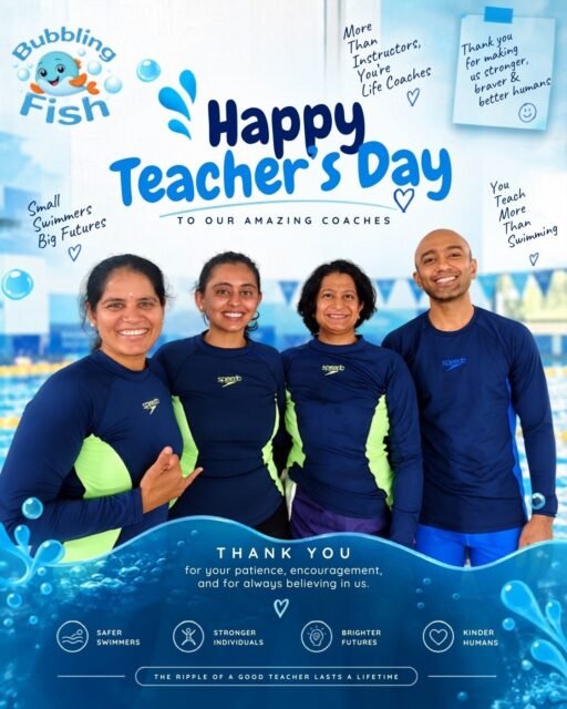 Behind Every Confident Swimmer Is A Coach Who Believed In Them 💙

From first splashes to fearless swims, every milestone begins with a coach who shows up with patience, encouragement, and care.
This Teacher's Day, we're celebrating the incredible coaches who help our little swimmers build confidence, develop life-saving water skills, and discover the joy of being in the water.
A heartfelt thank you to all the coaches for making a difference—one swimmer, one lesson, and one smile at a time.

#TeachersDay #TheBubblingFish #SwimCoach #WaterConfidence

[ teachers day, swim coach, swimming instructor, water safety, kids swimming, confidence building, swimming lessons, child development, learn to swim, swim school Bangalore ]